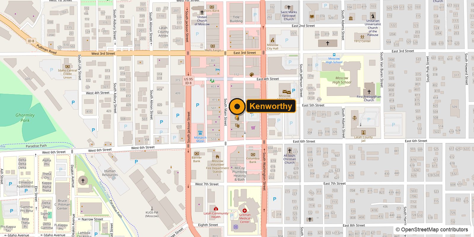 Map of Moscow, Idaho, centered on the Kenworthy Performing Arts Centre at 508 S Main Street